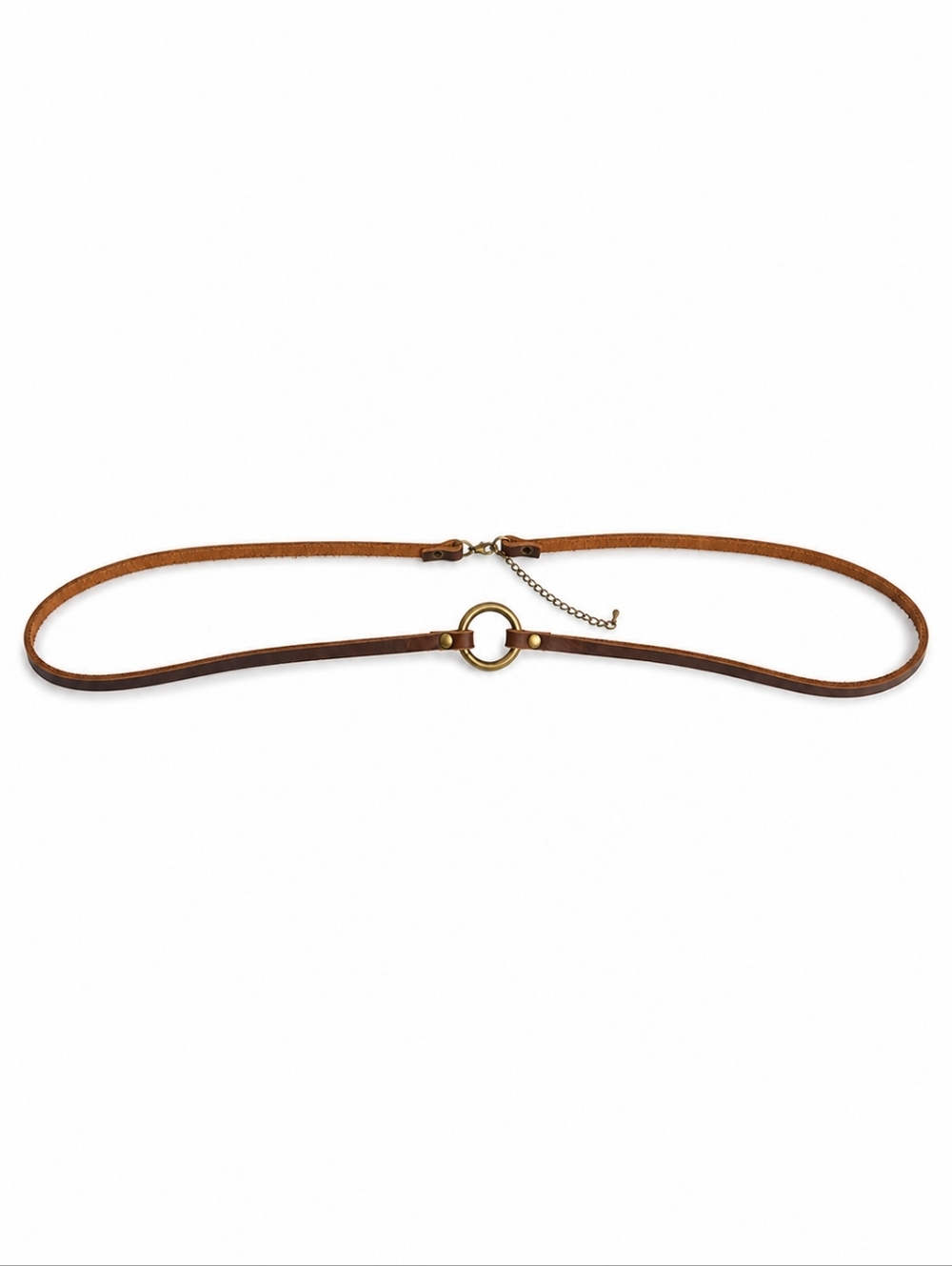 Leather Skinny Belt w/ Brass Tone O-Ring Adjustable Chain Brown